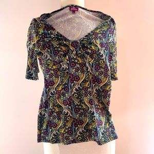 Multi-Color Salaam Brand top. Dark brown, yellow, gold, greens.